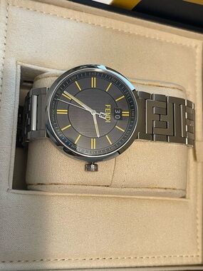 Fendi Men’s Stainless Steel Watch - Black Dial with Yellow Accents Forever Watch